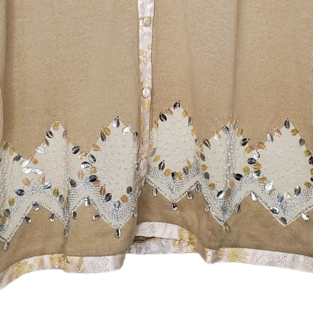 Storybook Knits Stunning Silver Cardigan Sweater, Silver and Gold Leaves Sz LG - Picture 5 of 13